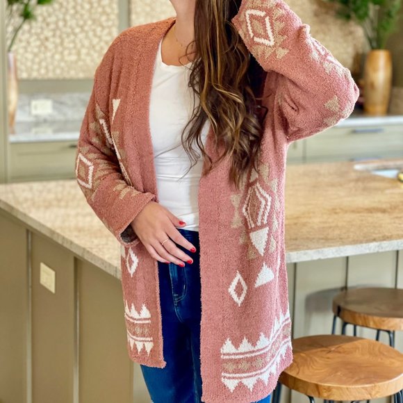Last 1! NWT Super Cozy Aztec Cardigan Sweater in Clay - Picture 1 of 9
